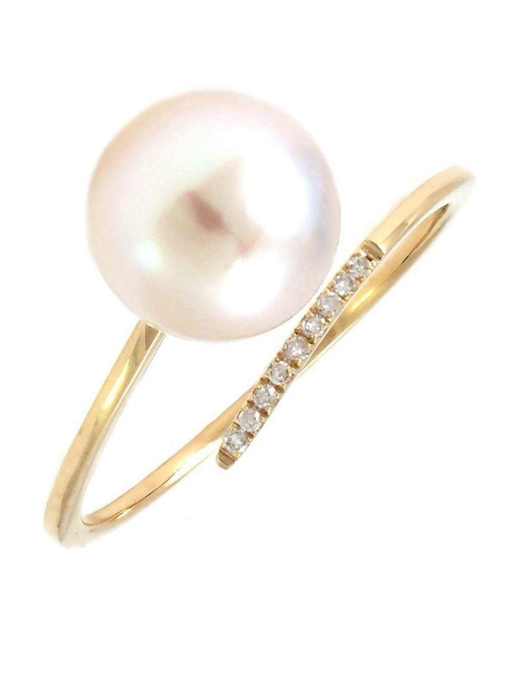 14K Real Solid Yellow Gold Natural Pearl and Diamond Bypass Ring 0.03ctw 8mm